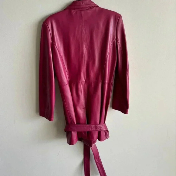 Pamela Mccoy Collections Womens Elegant Waist Tie Leather Jacket Burgundy Sz S-M - Picture 10 of 13